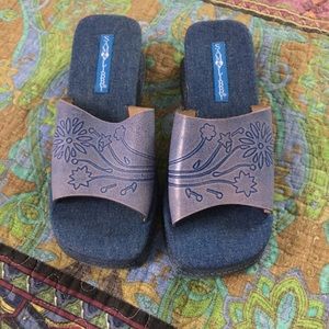 Blue/purple sandals with a 2” wedge